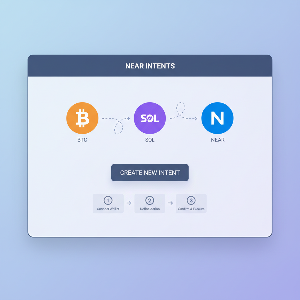 sleek web dApp interface for NEAR intents, BTC and SOL logos connected by signature lines