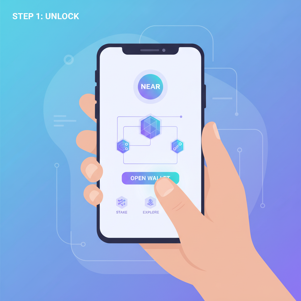 user opening futuristic NEAR wallet app on phone, glowing blockchain icons