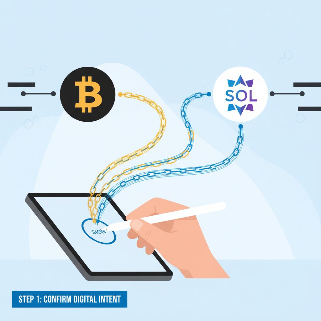 user signing digital intent, chain signature waves flowing to BTC and SOL