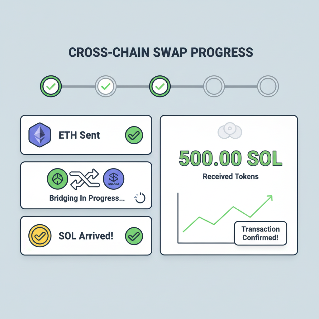 dashboard tracking cross-chain swap progress, SOL tokens arriving successfully