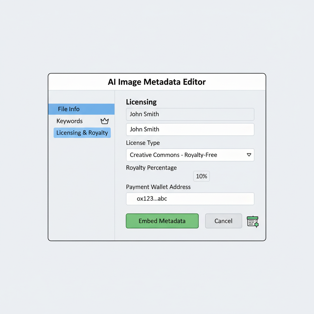 metadata editor interface embedding royalty info into AI image file