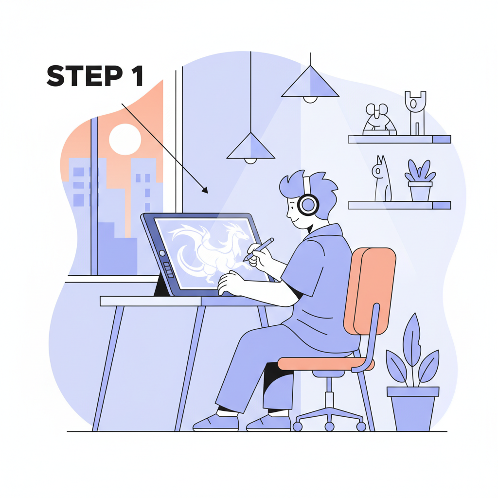 artist sketching original concept on digital tablet, creative studio lighting