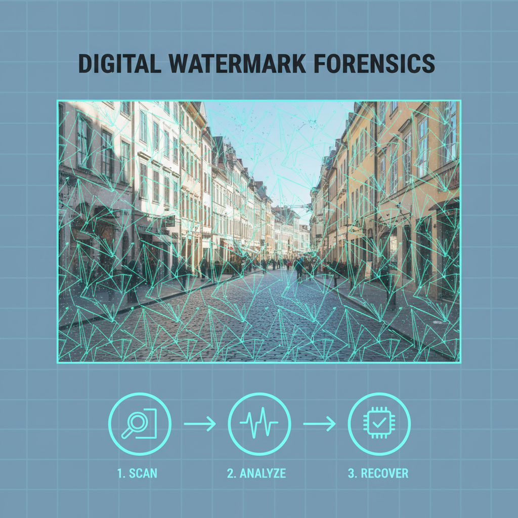 subtle invisible watermark overlay on realistic photo, digital forensics view