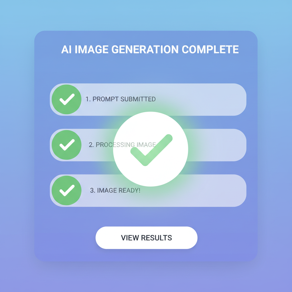 AI image generation complete screen with verification checkmarks, success glow