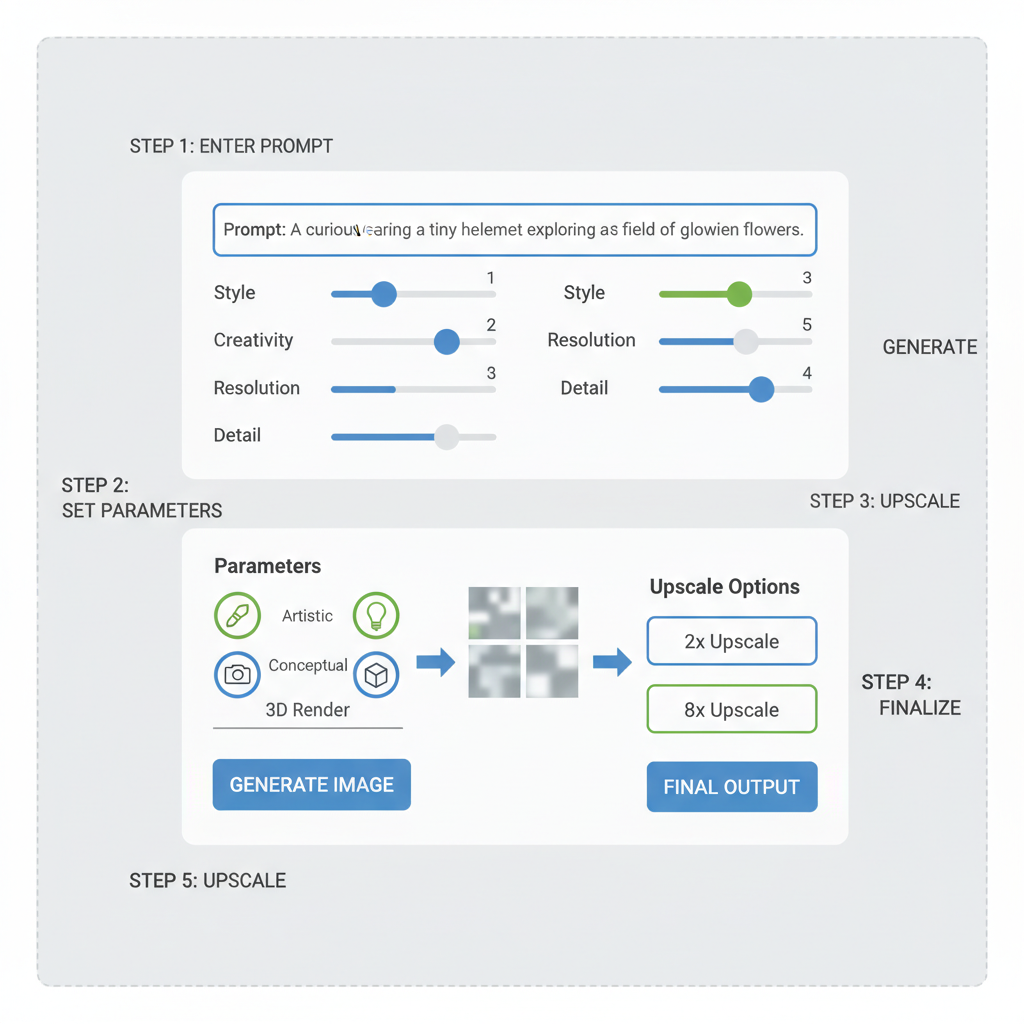 AI image generation interface with parameters and upscale options