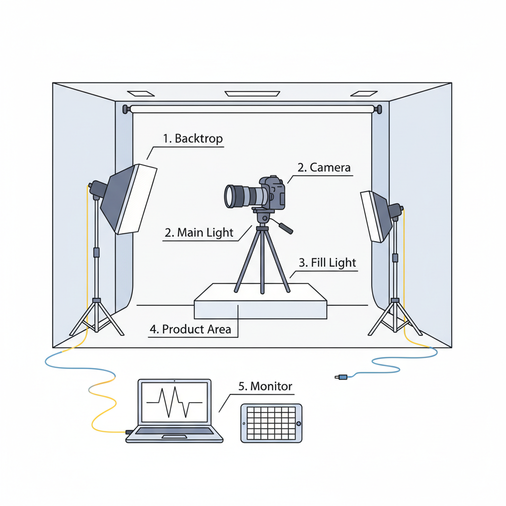 clean professional product photography studio with lighting setup and camera gear