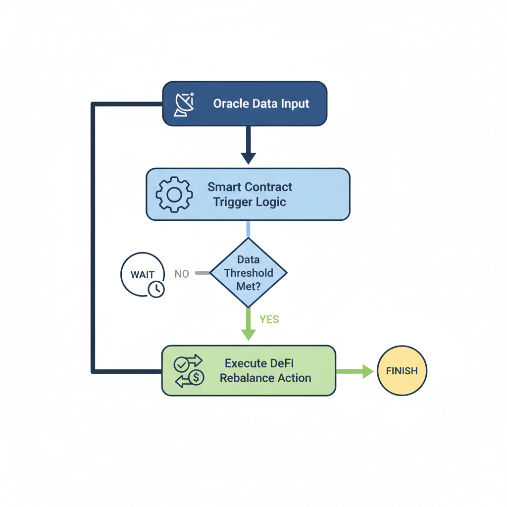 flowchart of smart contract trigger logic with oracle data input leading to DeFi rebalance action