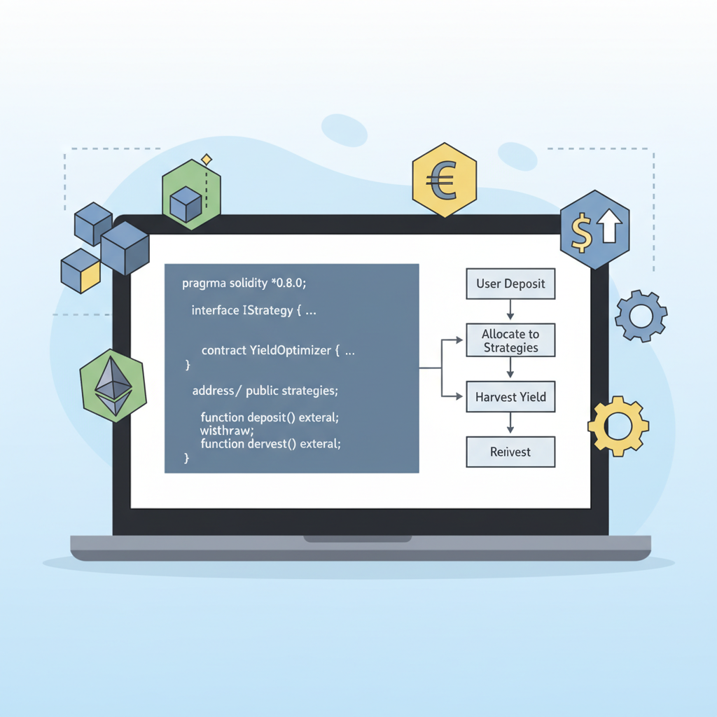 Solidity smart contract code skeleton for DeFi yield optimizer on laptop screen, blockchain icons floating