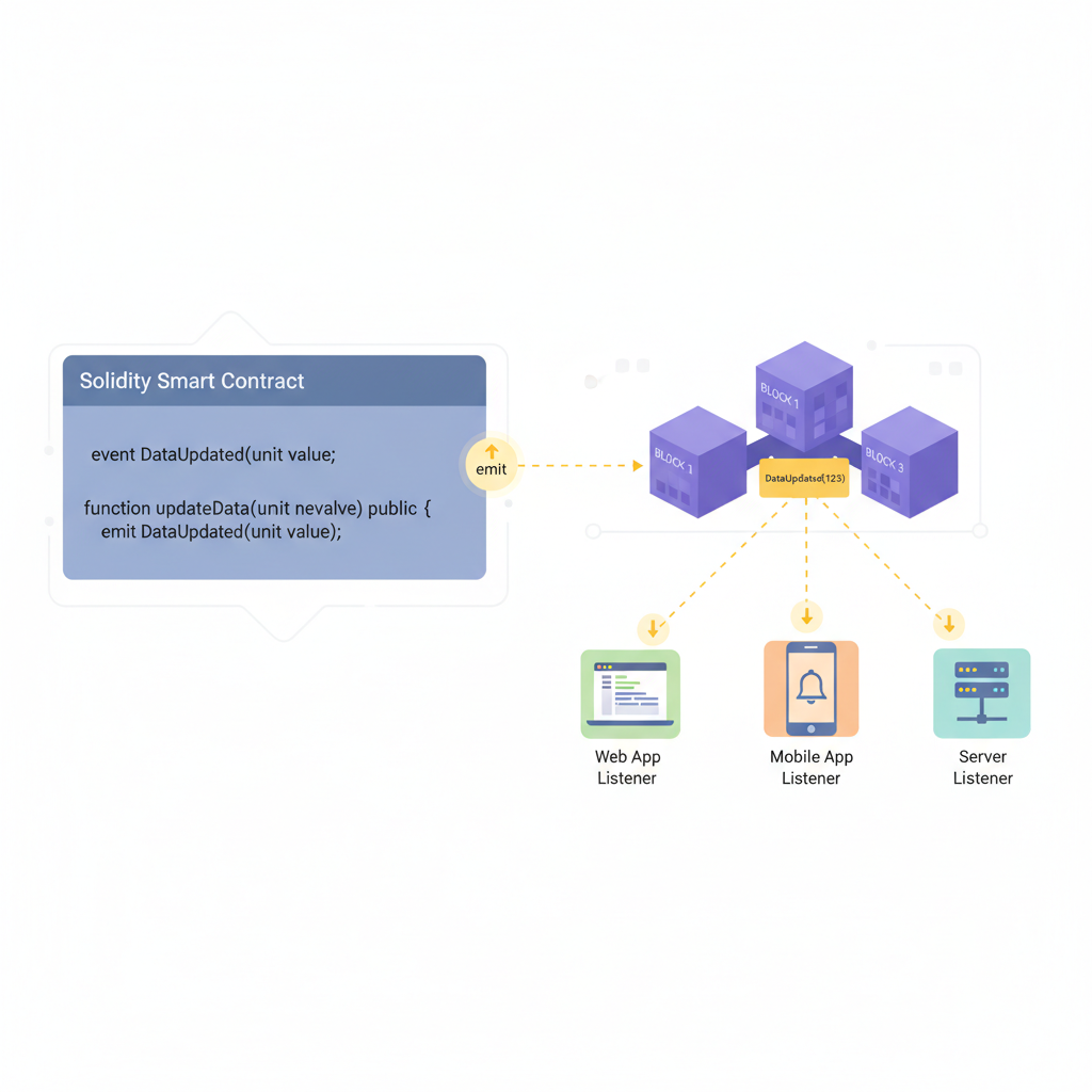 event emission in Solidity code with blockchain blocks connecting to off-chain listeners