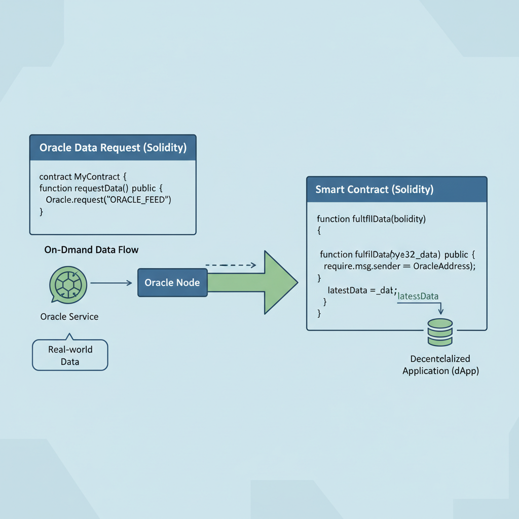 code snippet pulling oracle data in Solidity, arrows showing on-demand flow from oracle to smart contract