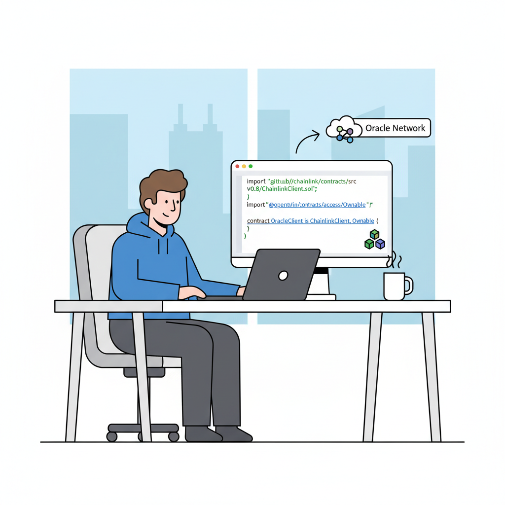 developer at desk coding Solidity smart contract imports for blockchain oracle in modern IDE, clean code on screen
