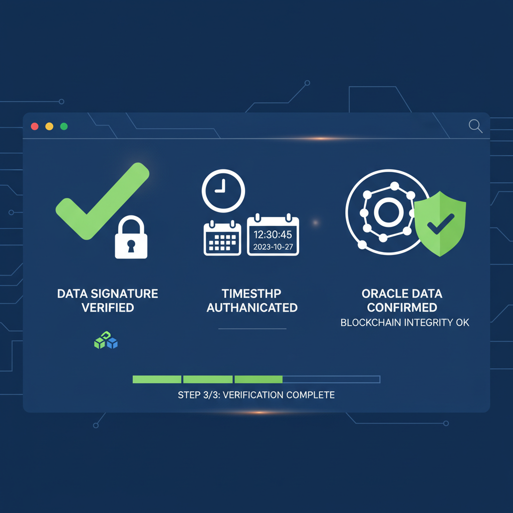 security check icons verifying blockchain oracle data signature and timestamp on digital dashboard