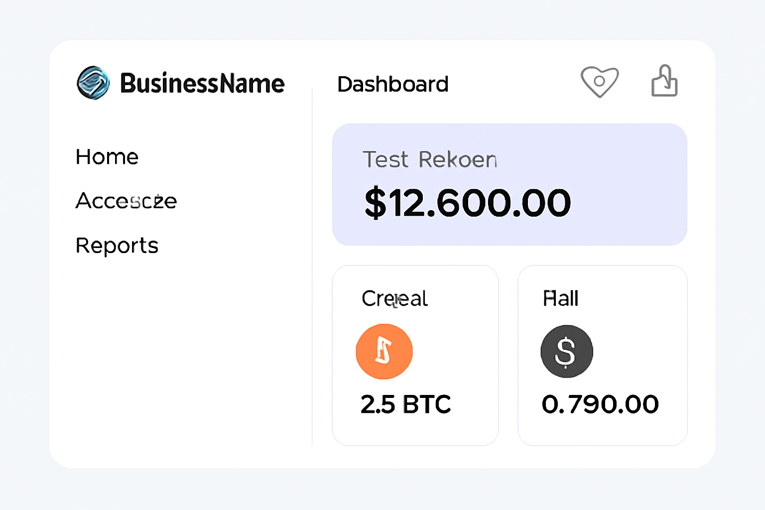 A modern digital banking dashboard with crypto and fiat balances, business branding, and security icons, in a clean, professional style.