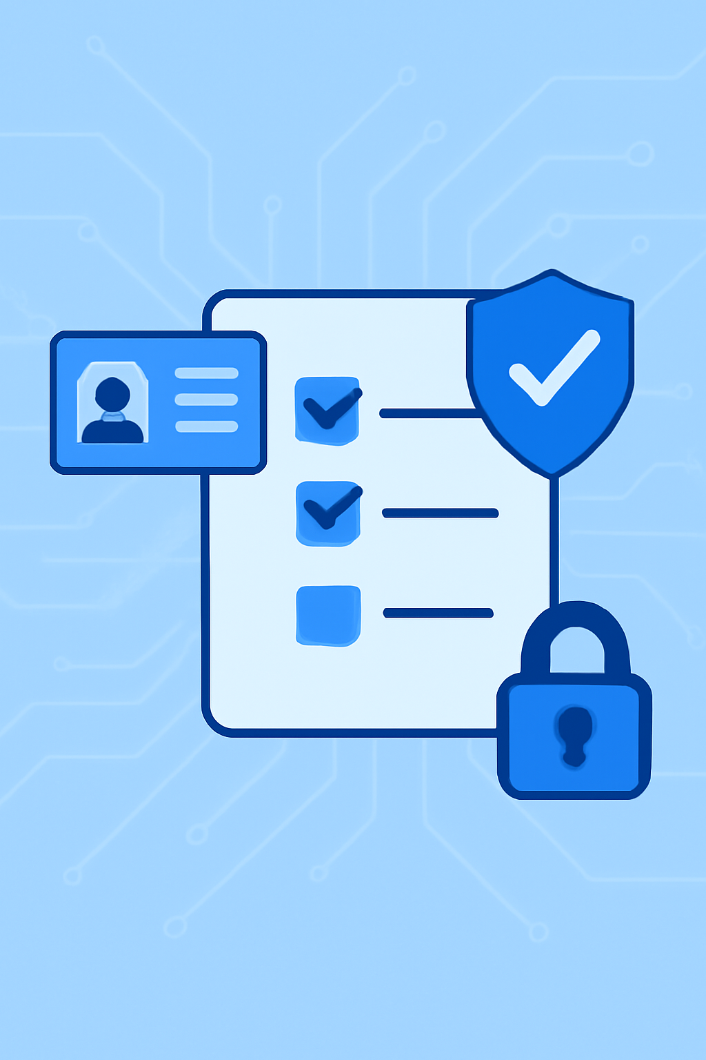 A digital checklist being ticked off, with ID verification and compliance shield icons, in a secure digital environment.