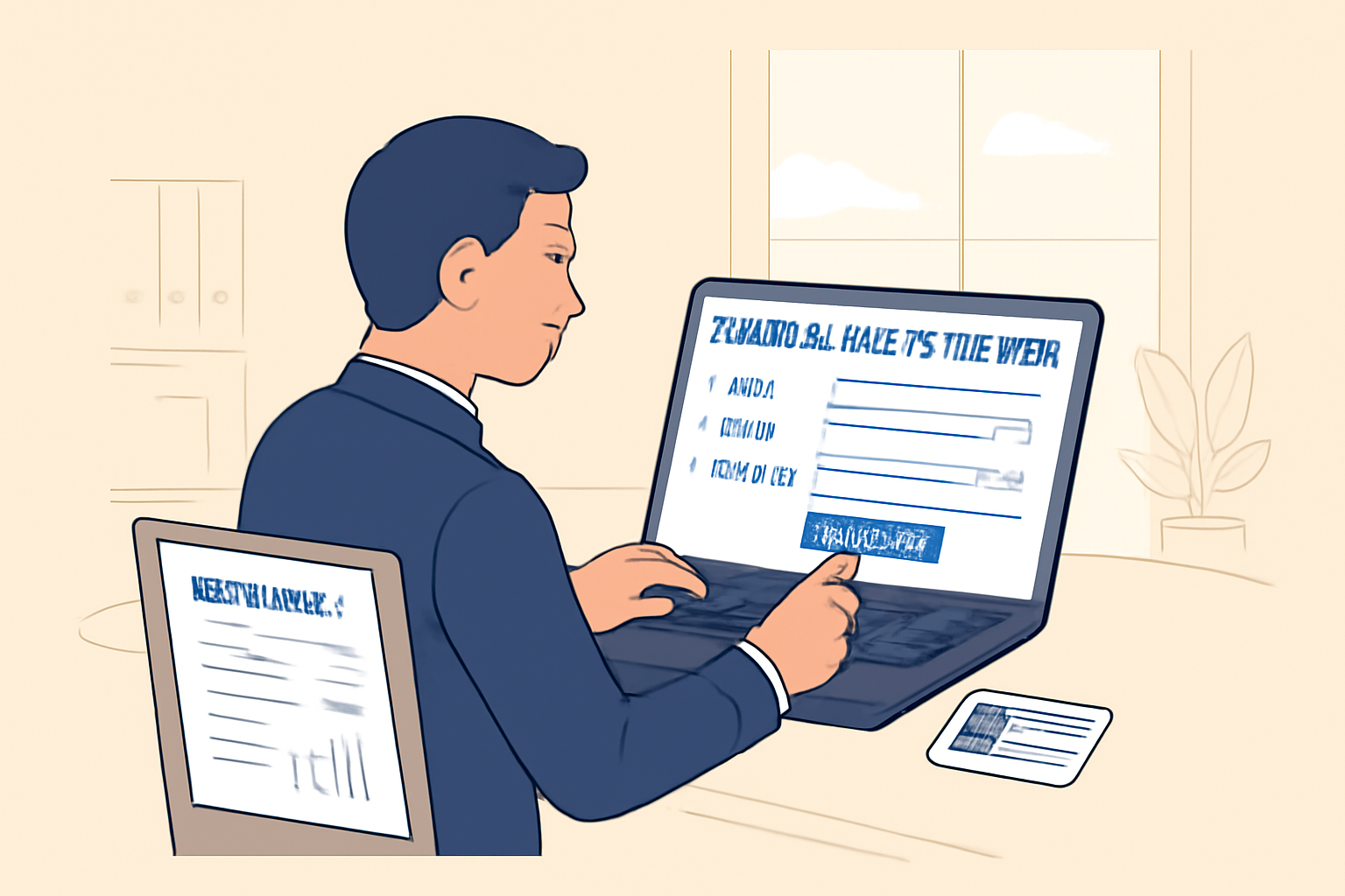 A business owner filling out an online registration form on a laptop, with business documents and ID nearby, in a bright office setting.