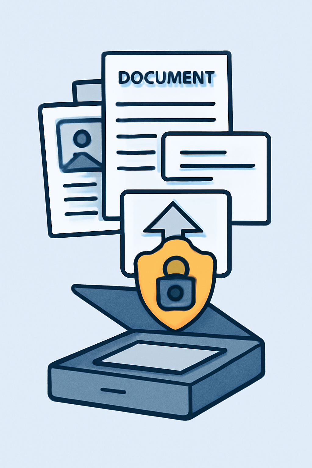 A stack of official business documents and IDs being scanned or uploaded digitally, with a secure upload icon.