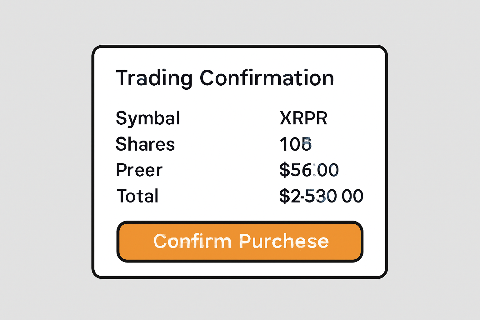 A trading confirmation window showing an order for XRPR shares, with price details and a 'Confirm Purchase' button highlighted.