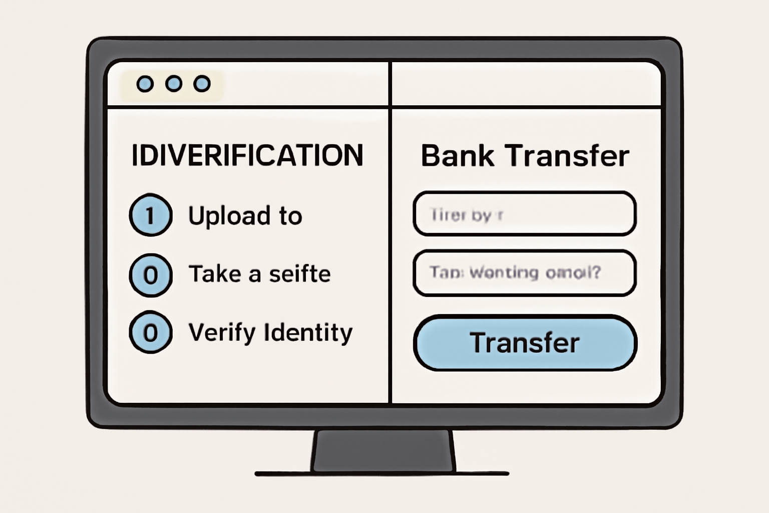 A digital form with ID verification steps and a bank transfer interface on a computer screen.