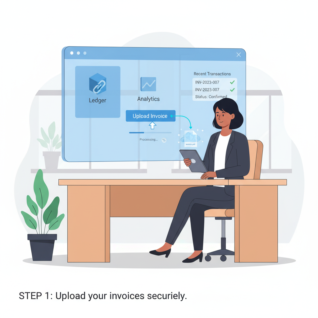 SME business owner uploading invoices to blockchain platform dashboard, professional office setting, futuristic UI