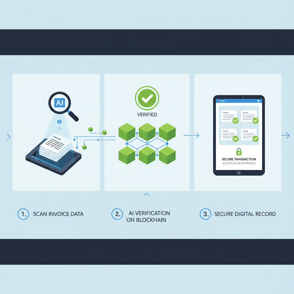 Invoice documents being scanned and verified by AI on blockchain network, green checkmarks, secure digital interface