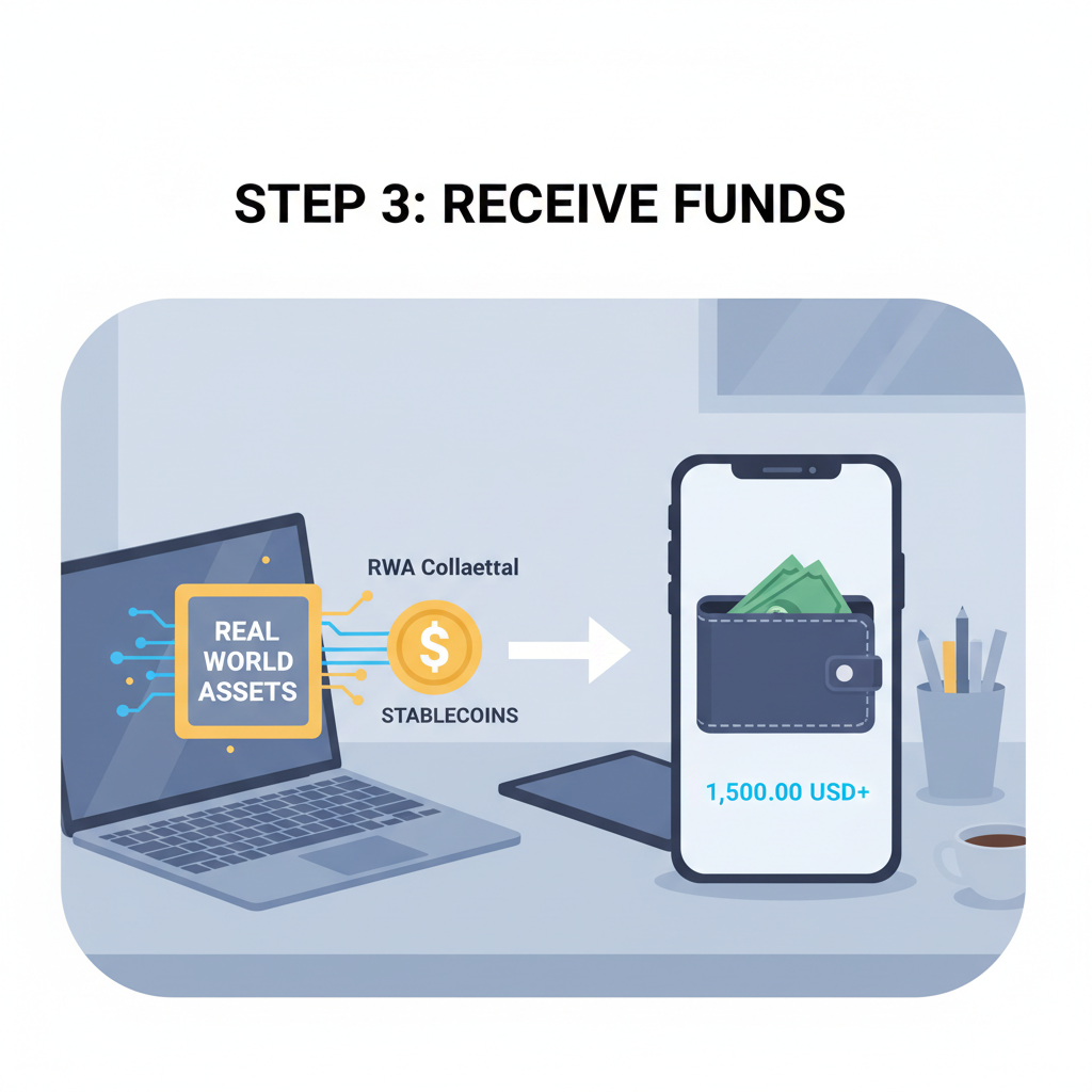 Wallet receiving stablecoins from RWA collateral, money flowing into digital wallet, professional finance scene
