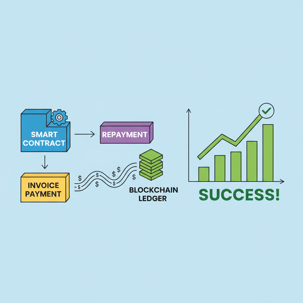 Smart contract automating repayment, invoice payment flowing to blockchain, success graph upward
