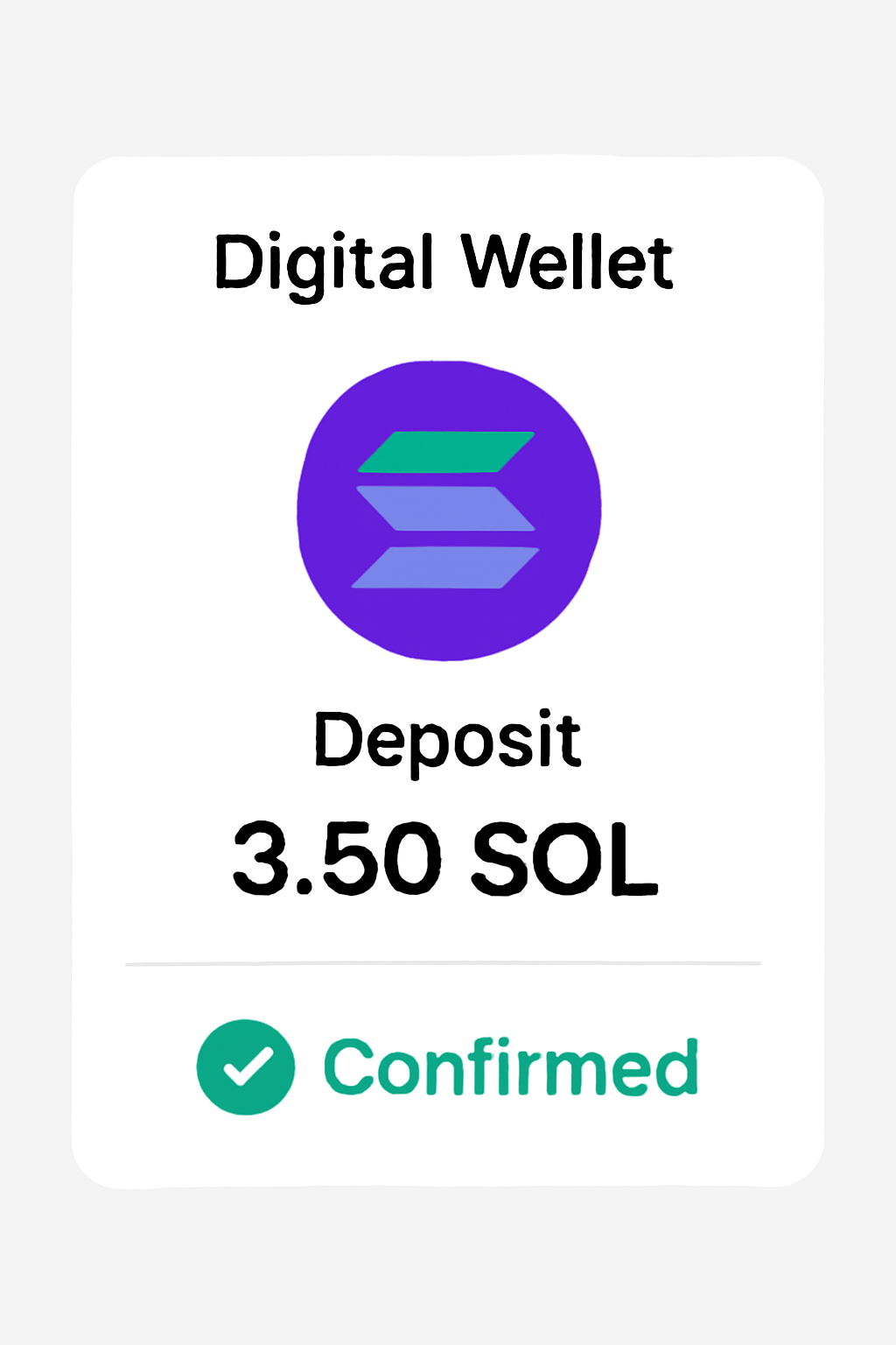 A digital wallet interface showing a Solana (SOL) deposit transaction being confirmed.