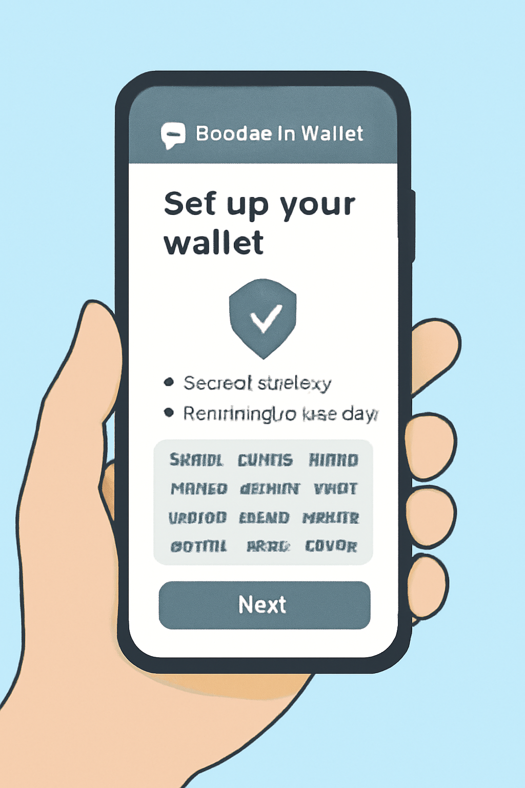 A user setting up Backpack Wallet on their smartphone, showing a secure interface and a recovery phrase backup.