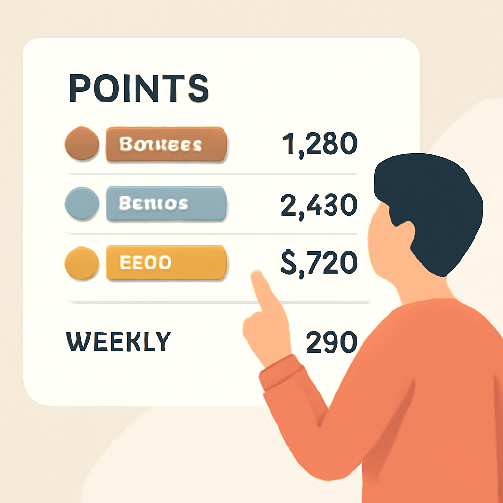 A user reviewing a points leaderboard with tiers like Bronze, Silver, Gold, and a weekly points summary.