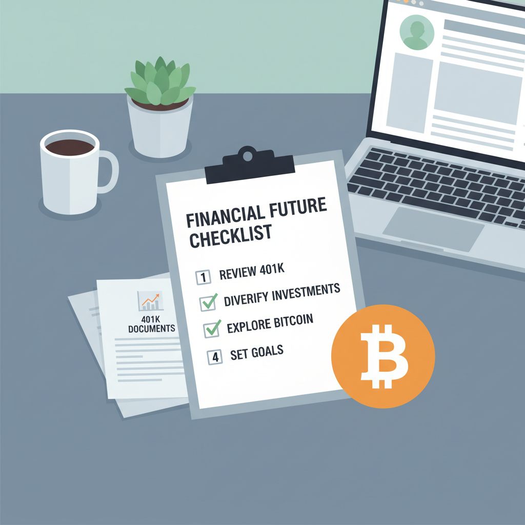professional checklist on desk with 401k documents and bitcoin symbol, clean office setting, realistic photo