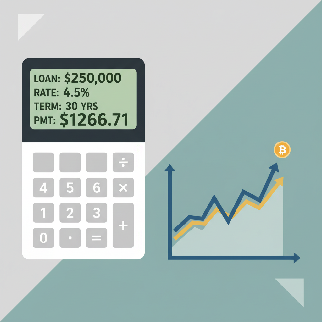 financial calculator displaying loan numbers with bitcoin chart in background, modern minimalist style
