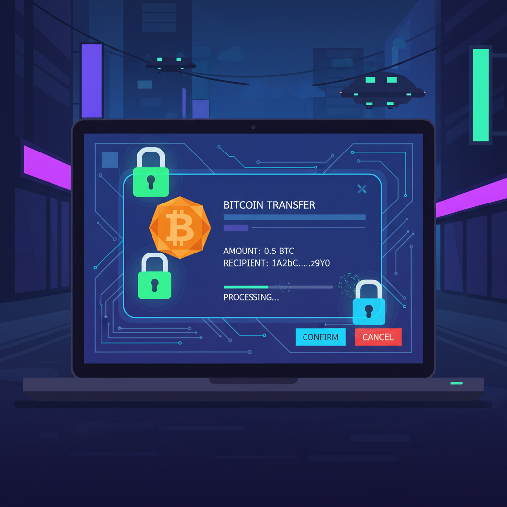 secure crypto wallet interface on laptop with bitcoin transfer, padlock icons, cyberpunk aesthetic