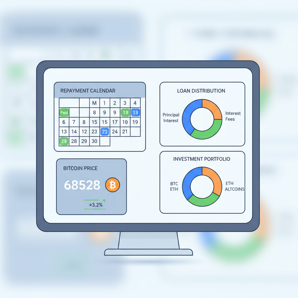dashboard screen with repayment calendar, bitcoin price tracker at $68528, pie charts, professional UI