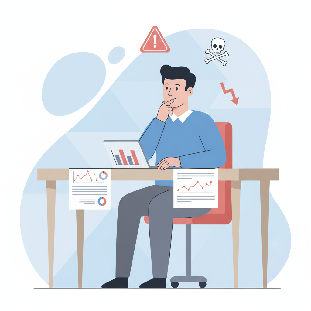 investor reviewing charts and reports at desk with warning icons, thoughtful expression, realistic scene