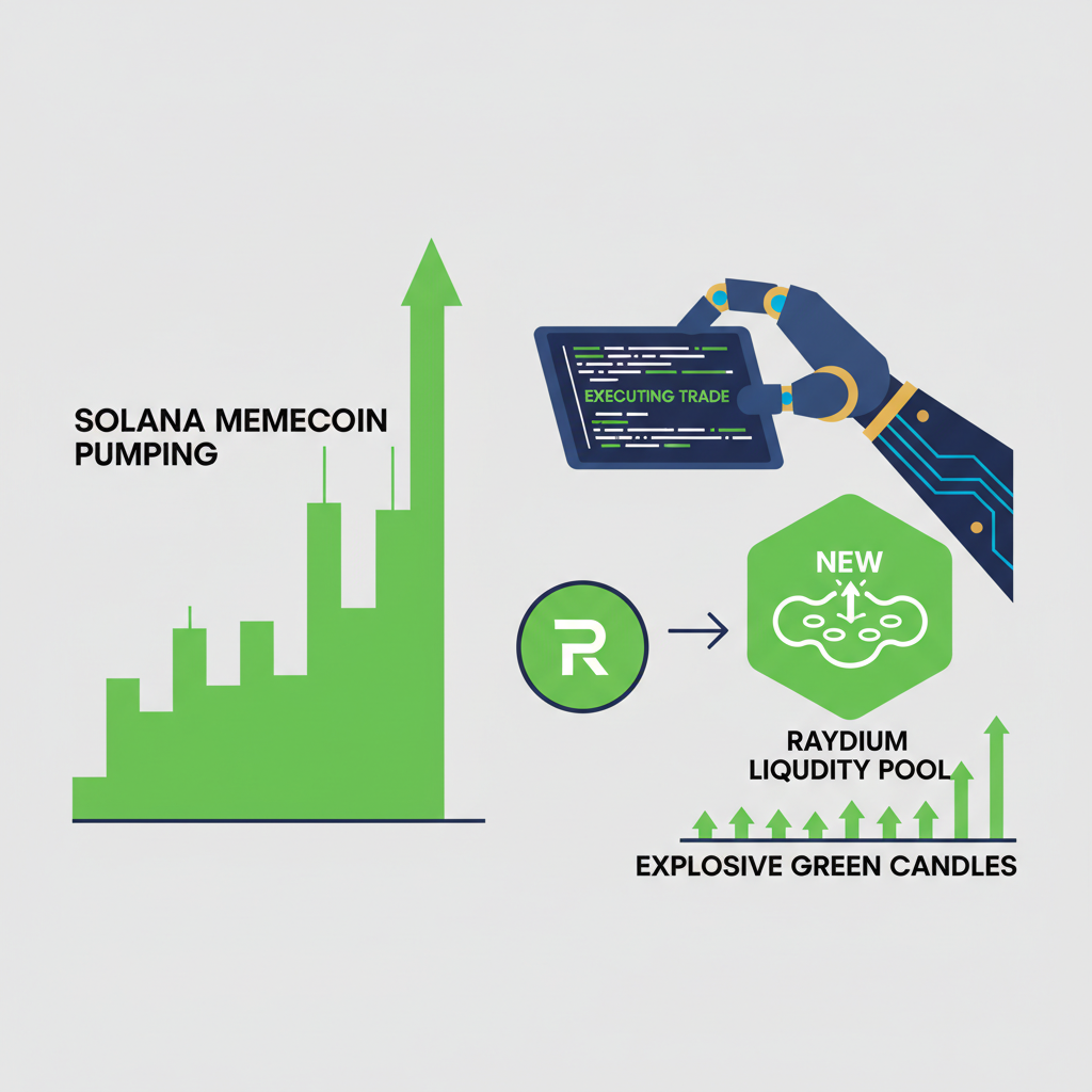 Raydium liquidity pool migration moment, Solana memecoin chart pumping, bot executing trade, explosive green candles