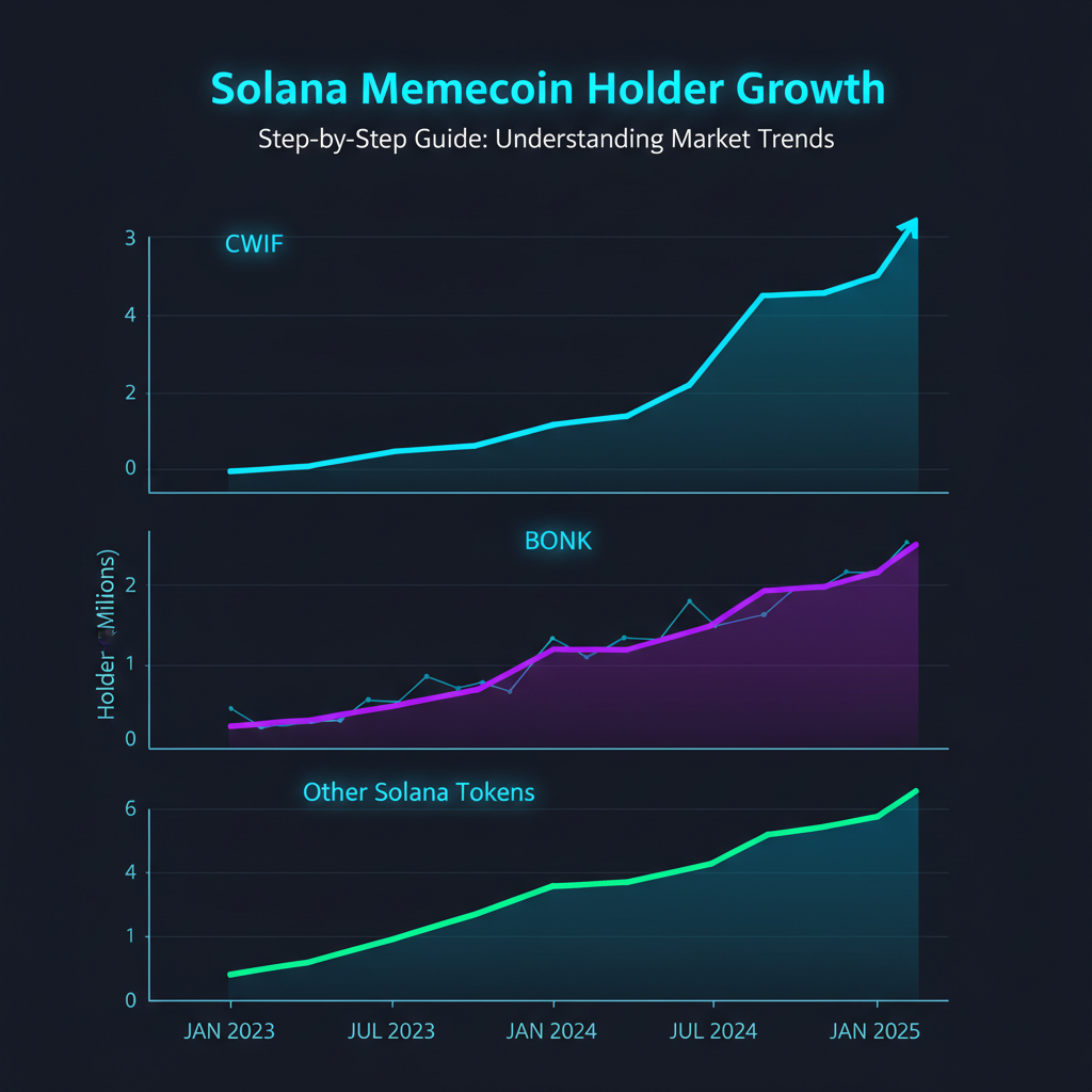 Chart showing memecoin holder count growth, Solana tokens like CWIF and BONK, analytical graphs, neon blue tones