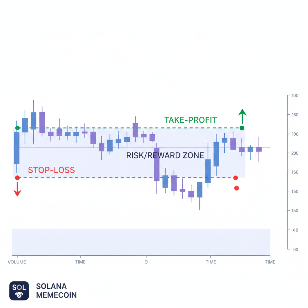 Trading chart with stop-loss and take-profit lines on Solana memecoin, risk management tools, red stop green profit markers
