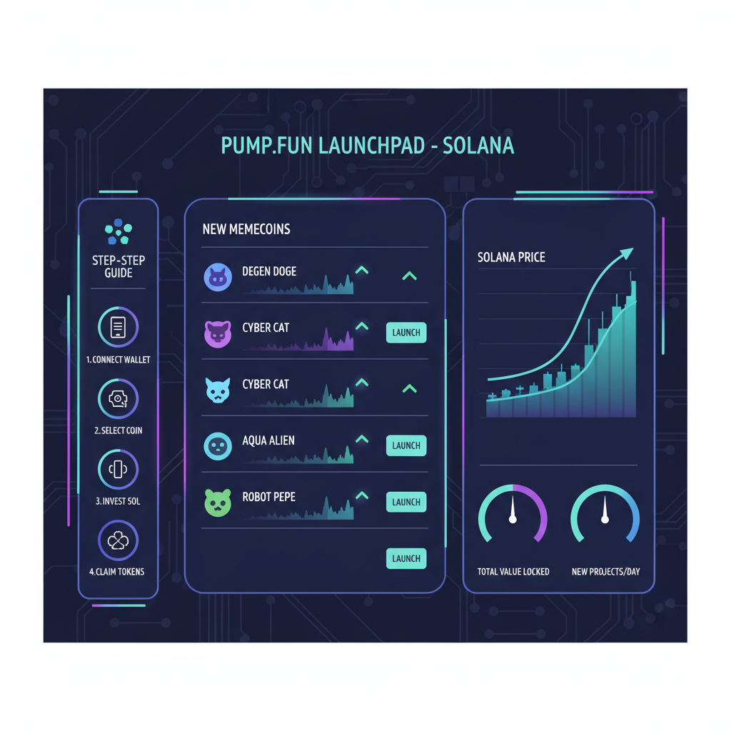 Solana Pump.fun launchpad dashboard with new memecoins listing, real-time charts, futuristic UI, cyberpunk style