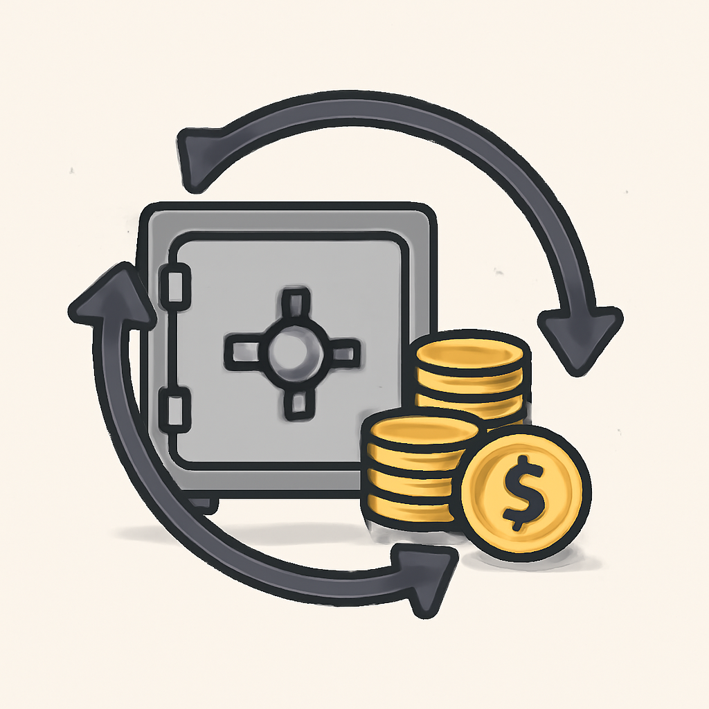 A vault with coins and arrows looping back into it, symbolizing automated compounding and growth.