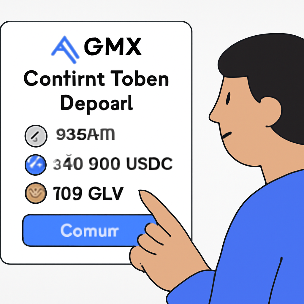 A user confirming a token deposit on GMX, with ETH and USDC icons, and receiving GLV tokens in return.
