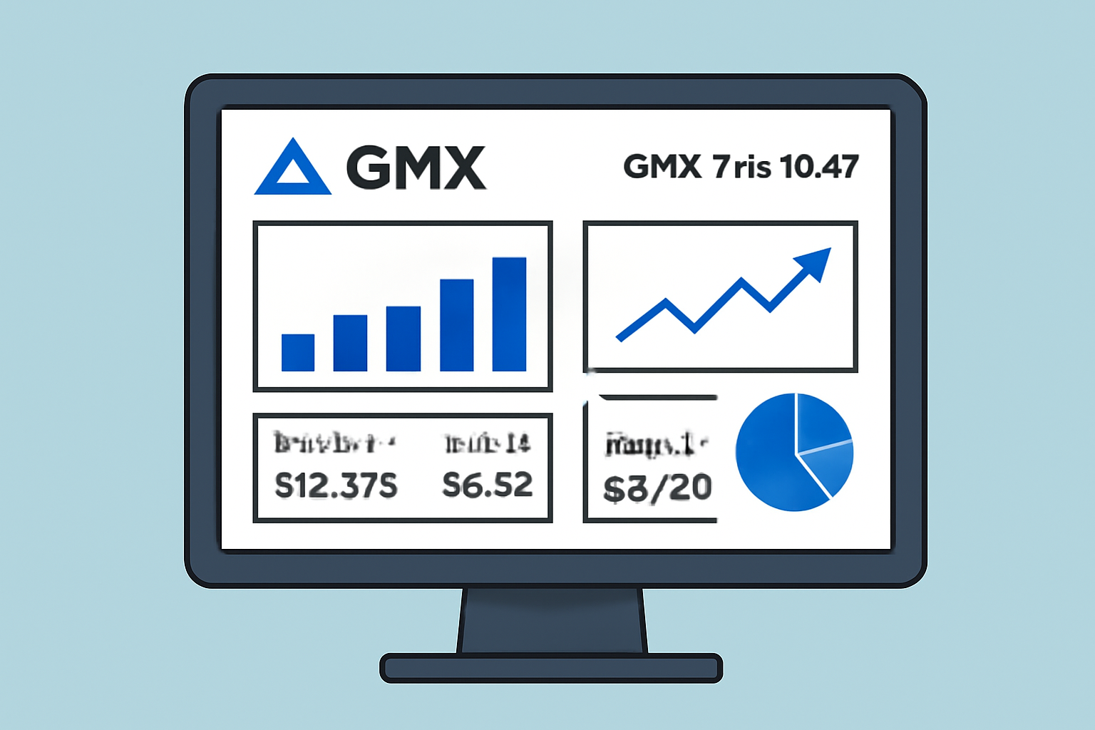 A computer screen showing a GMX analytics dashboard with charts, balances, and the current GMX price ($10.47).