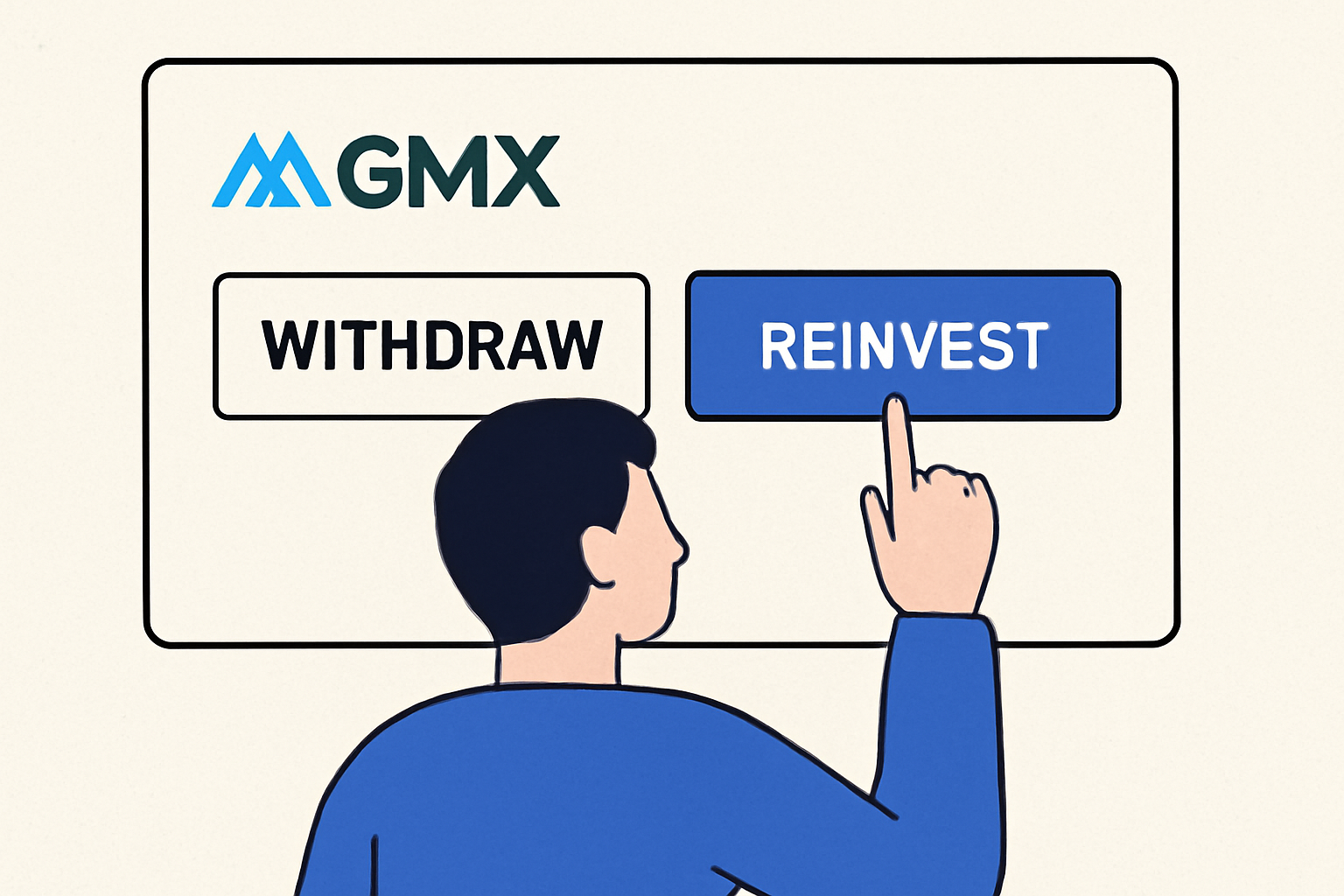A user choosing between 'Withdraw' and 'Reinvest' buttons on the GMX platform, with a focus on flexibility and control.
