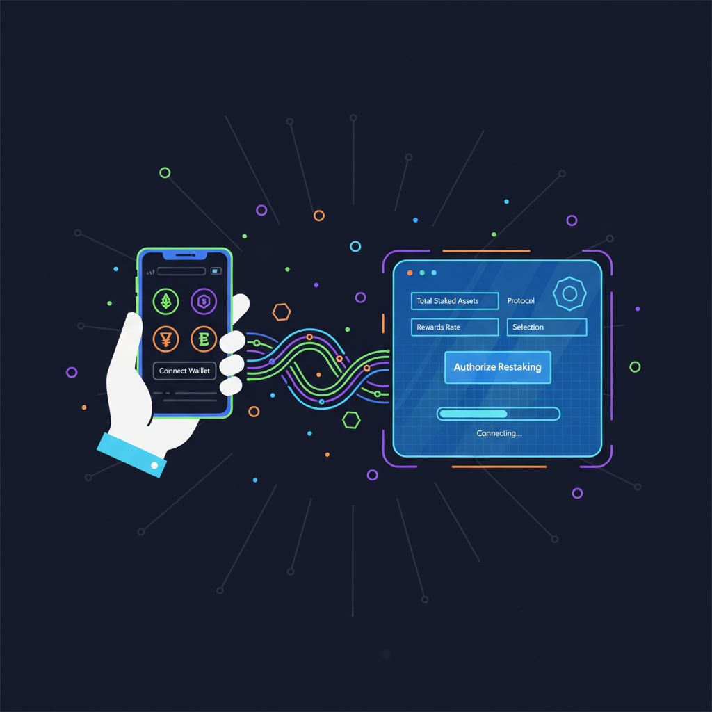 User connecting crypto wallet to restaking dashboard, neon blockchain interface, futuristic UI