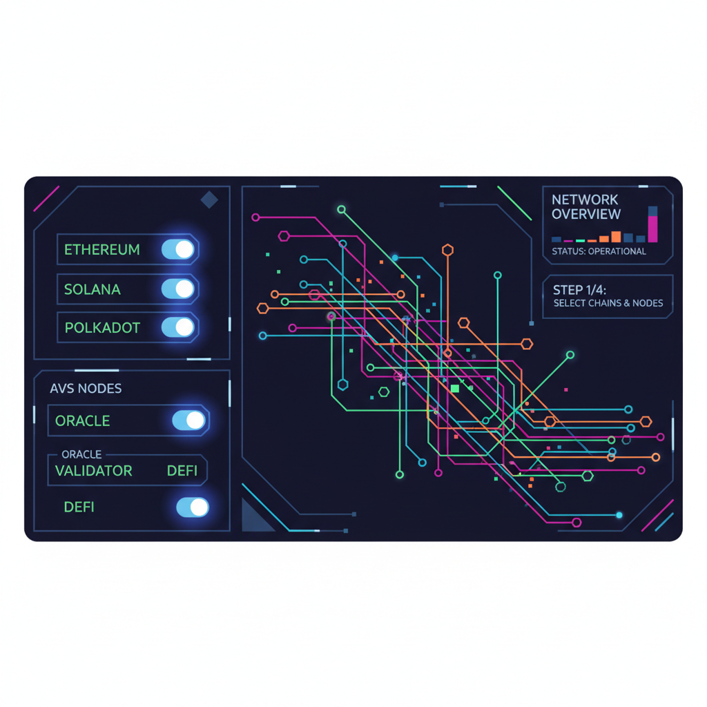 Dashboard selecting multiple blockchain chains and AVS nodes, colorful network graph, cyberpunk style