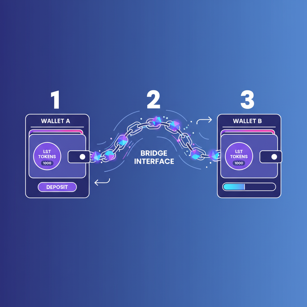 Depositing LST tokens into bridge interface, glowing tokens flowing across chains, dynamic animation style