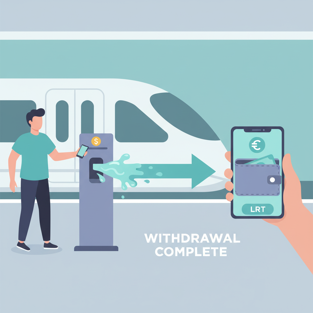 User withdrawing LRT tokens from platform, liquid flow back to wallet, seamless crypto withdrawal scene