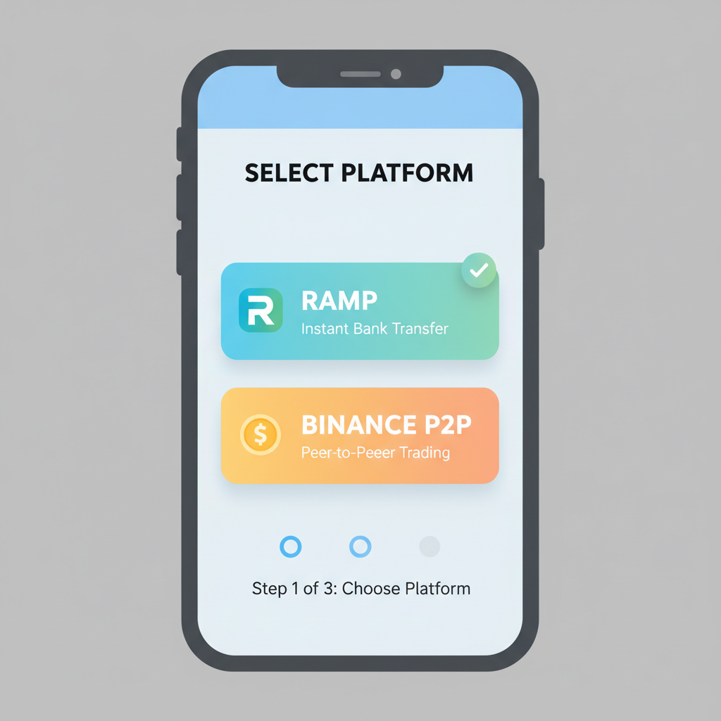 phone screen showing crypto platform selection Ramp vs Binance P2P
