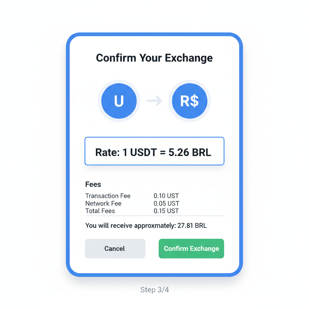 confirmation screen showing $5.26 USDT to BRL rate fees