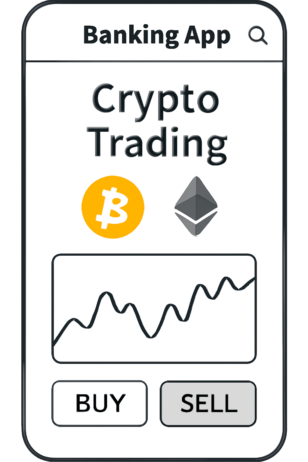 crypto trading interface in banking app, BTC ETH icons, buy sell buttons