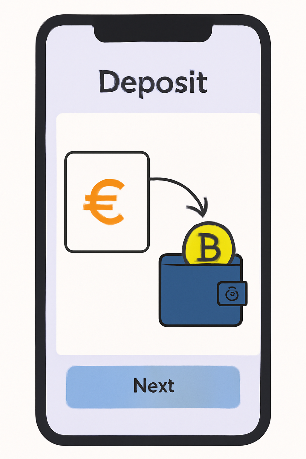 mobile app deposit screen euros to crypto wallet, smooth transfer animation